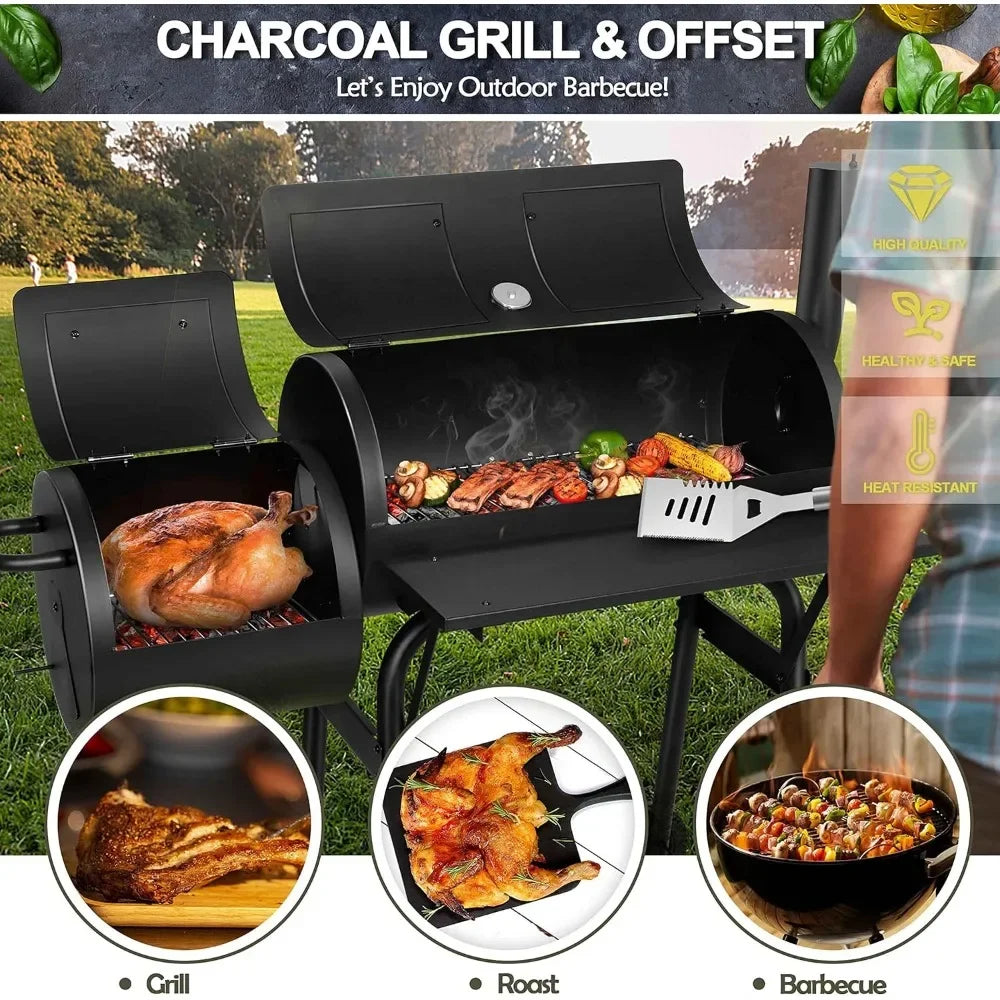 Charcoal Grill with Offset Smoker, with Side Fire Box, Thick Iron Steel & Dual Chamber