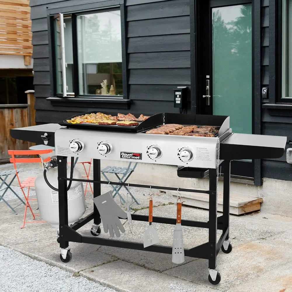 Portable Propane Gas Grill and Griddle Combo With Side Table | 4-Burner Blackdeer Folding Legs