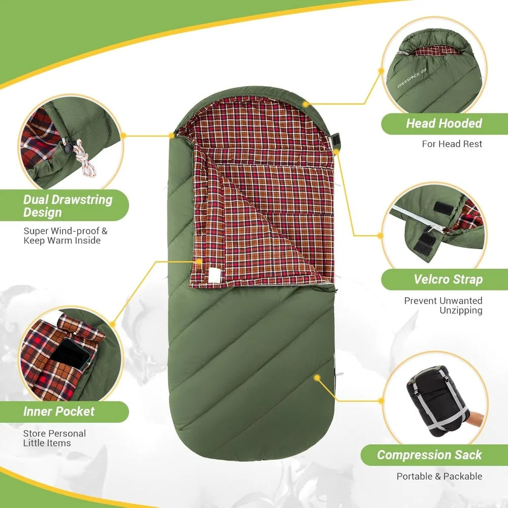 Sleeping Bag for Adults, Extra Wide Flannel Sleeping Bag for Camping Backpacking, Big and Tall, Lightweight